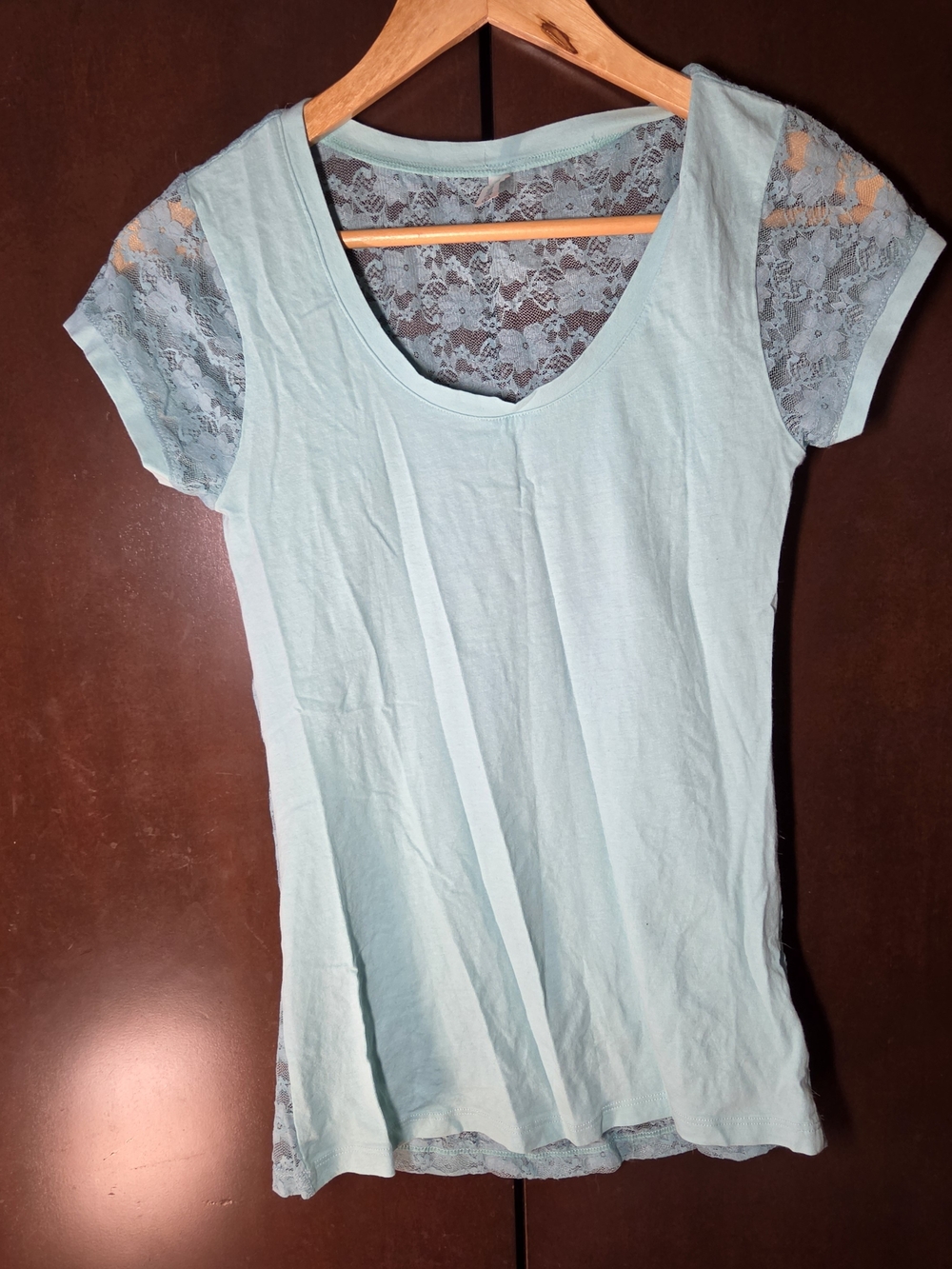 Splash Light Blue Lace-Back Short Sleeve Top Women Size Large Juniors'